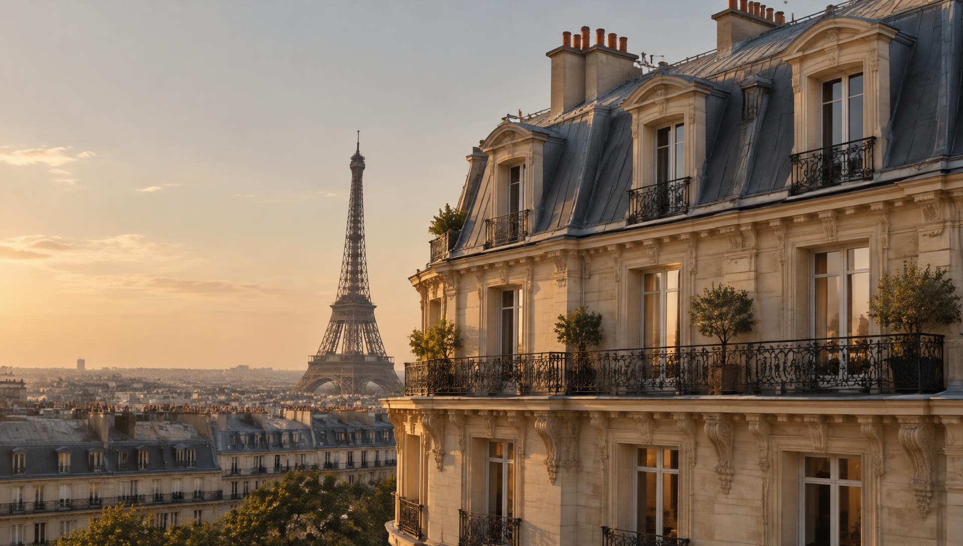 Immeuble haussmannien à Paris, tour Eiffel en arrière-plan